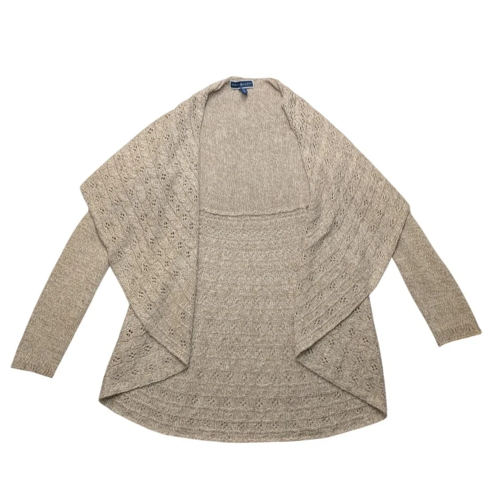 Karen Scott Cardigan Womens Small Tan Open Front Shawl Collar Pointelle Knit